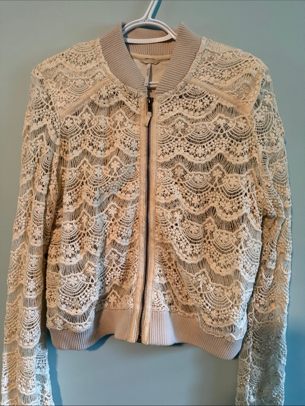 Free People Cream Lace Bomber Jacket
